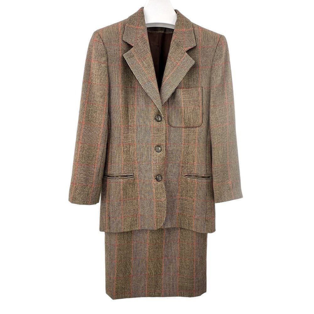 Vintage 80s Burberry Glen Plaid 100% Wool Blazer Pencil Skirt 2 pc Suit Size 4